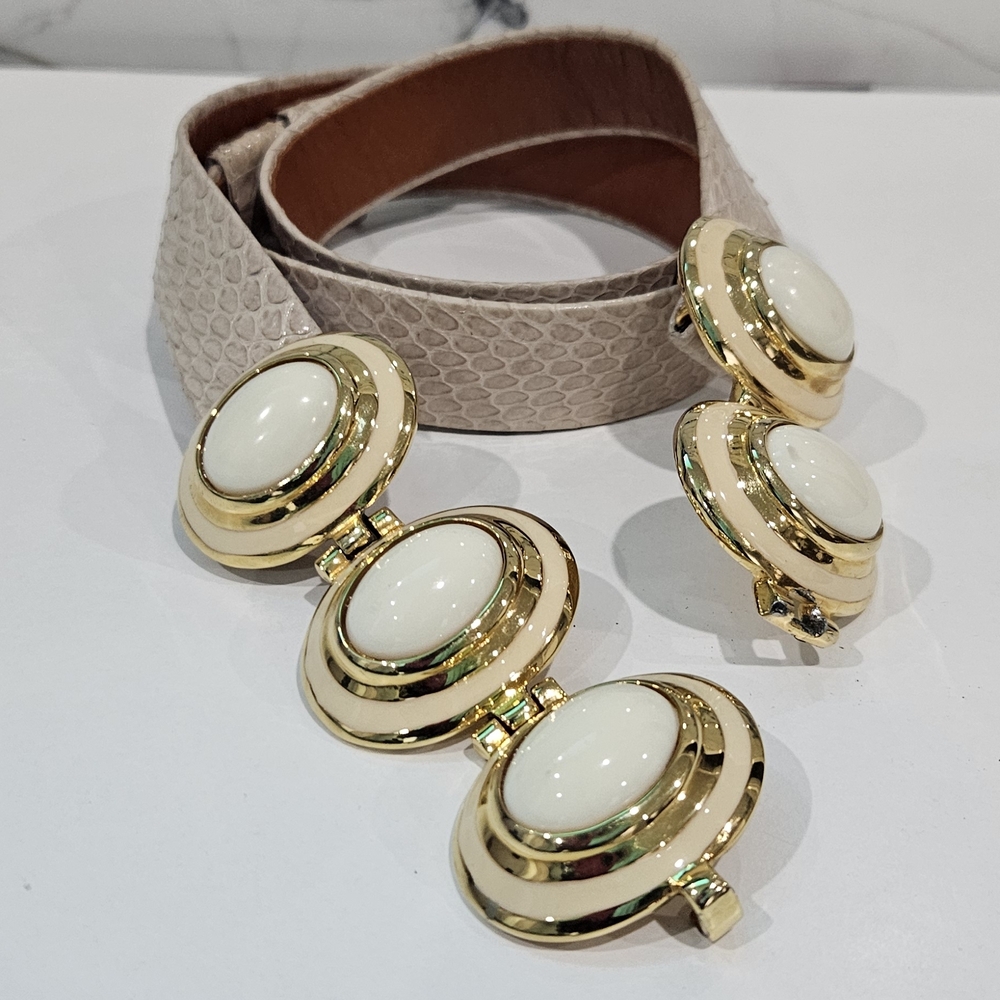 ALEXIS KIRK Signed 1980's Snakeskin Adjustable Belt Gold Buckle White Cabochons